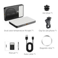 Portable LED fill light set with hot shoe, phone clip, magnetic strip, and USB charging cable for photography.