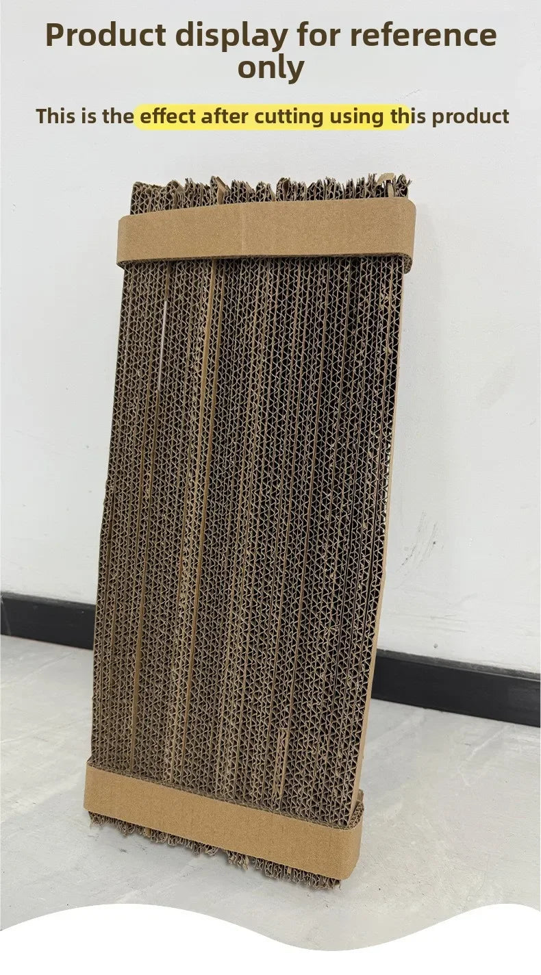 Recycled cardboard cat scratching board DIY tool result, eco-friendly corrugated craft cutter for pet accessories.