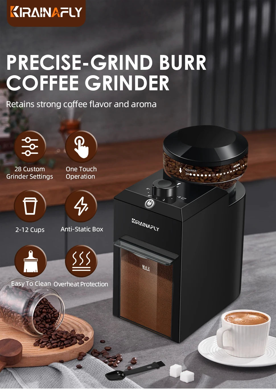 Kirainafly matte black electric burr coffee grinder with 28 grind settings and 2-12 cup capacity container.