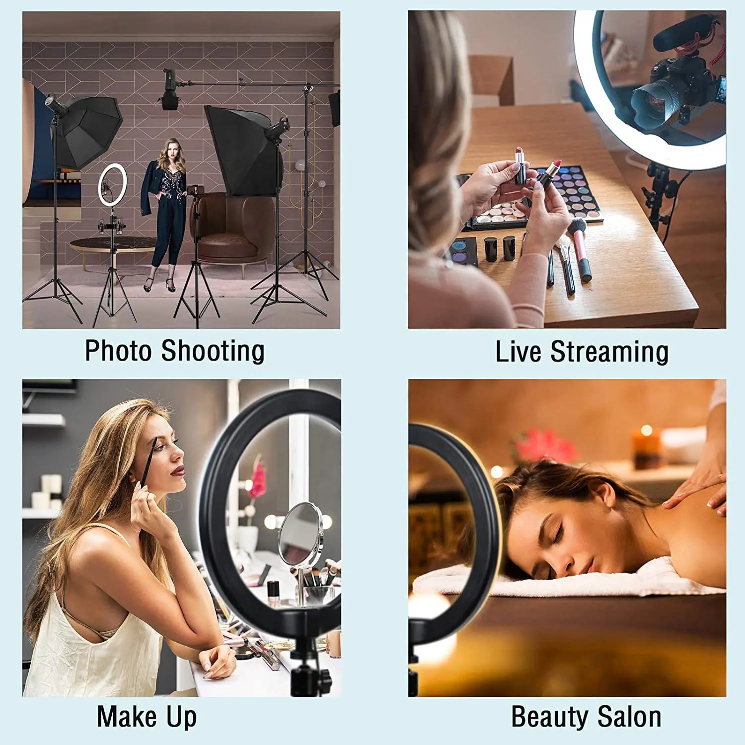 Black circular LED ring light on a tripod stand, used for photography, makeup, and video streaming.