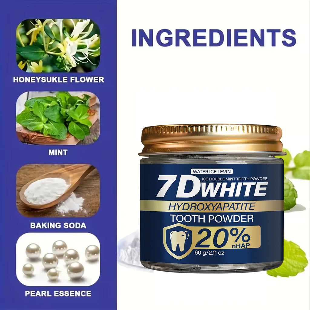 Tidesmit 7D White Hydroxyapatite Tooth Powder with 20% nHAP, activated charcoal, and refreshing mint.