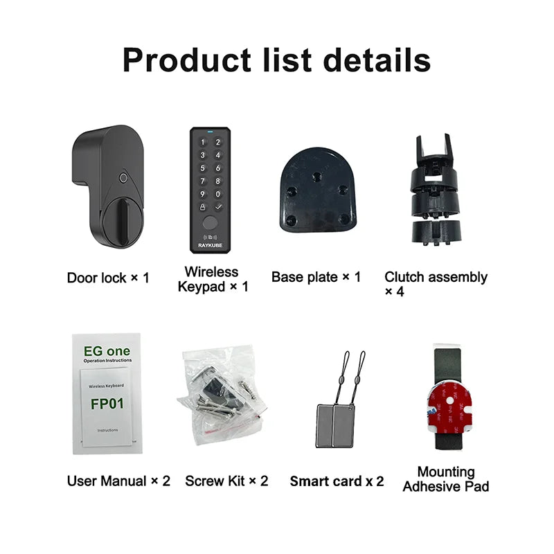 New RAYKUBE EG One Tuya BLE Smart Lock + Wireless Fingerprint and PIN Pad FP01 Bundle – Drill-free, Easy Installation