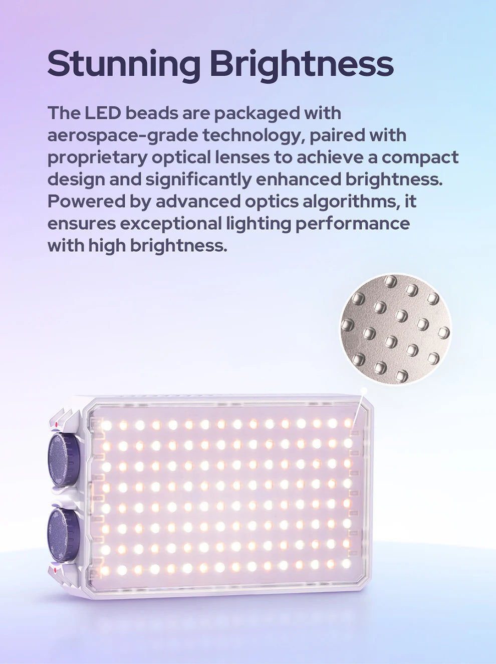 Rectangular LED light panel with two side dials and a silver-textured surface detail, designed for photography lighting.