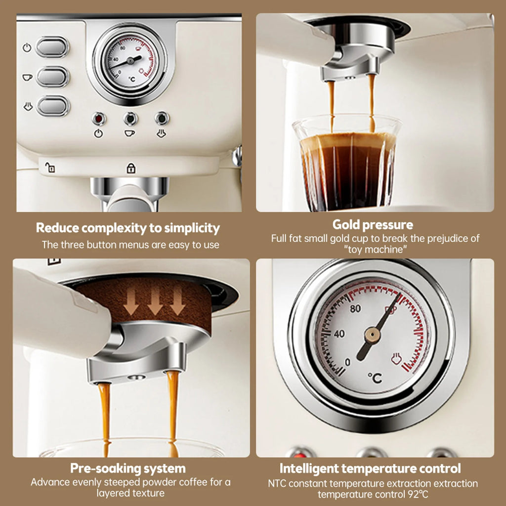 Cream-colored espresso machine with temperature gauge, stainless steel portafilter, and intelligent extraction control.