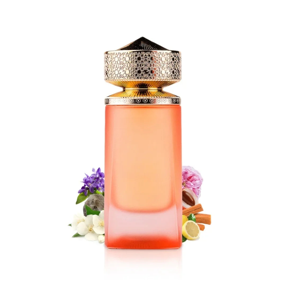 Paris Corner Eshal Vanilla EDP for women. Elegant orange frosted bottle with gold filigree cap, floral & spice notes.