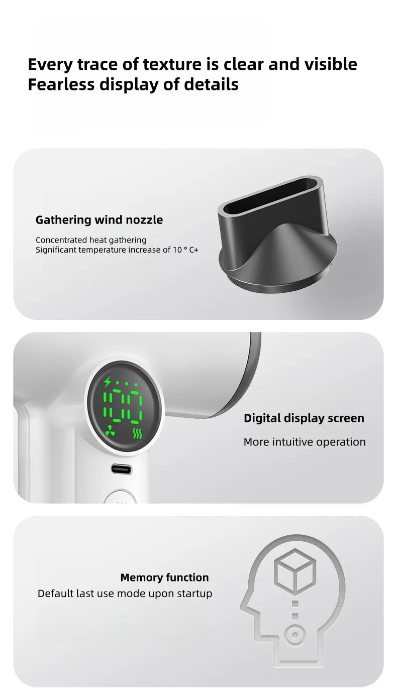 White cordless hair dryer with digital display, concentrating nozzle, and memory settings for travel and home use.