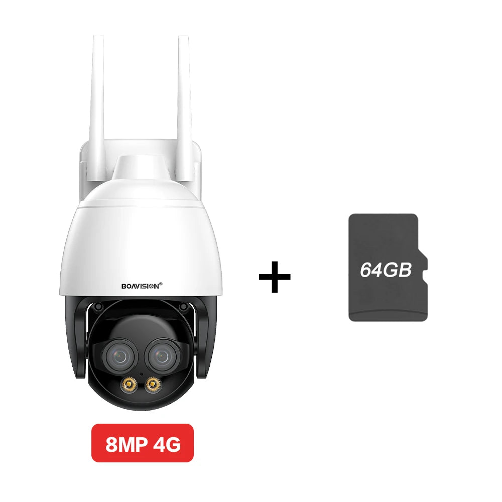 White dual-lens 4G security camera with 64GB TF card storage
