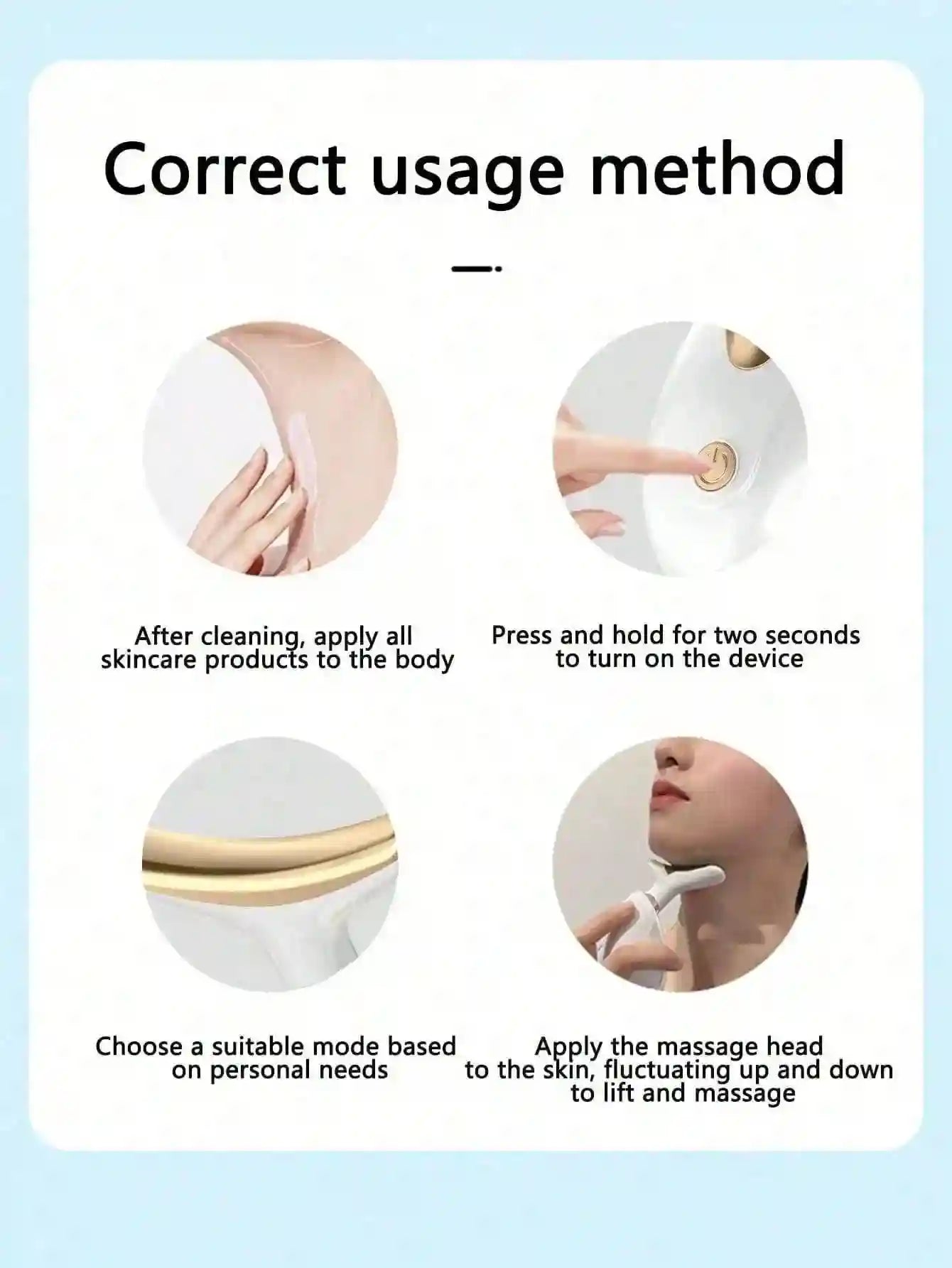 Instructional graphic showing a white and gold facial massager being used on the neck and jawline.