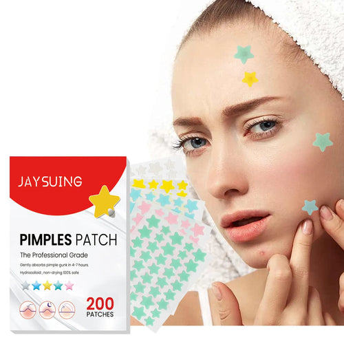 Star-shaped hydrocolloid pimple patches on face with boxed pimple patch pack