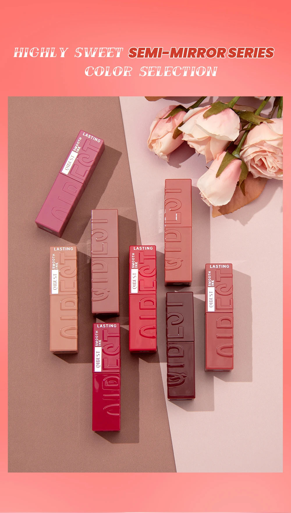 QIBEST Watery Lip Glaze set, mirror-glossy liquid lipstick tubes in various red and nude shades for lasting lip makeup.