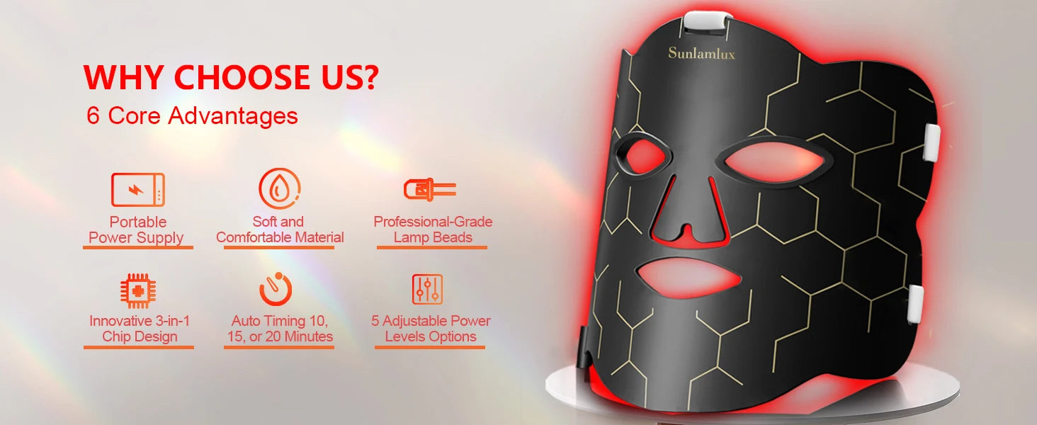 Flexible black silicone LED red light therapy mask for facial skin care with portable power and adjustable settings.