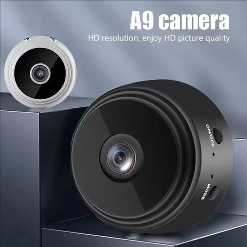 Black mini WiFi camera with front lens and side button panel, plus a white unit