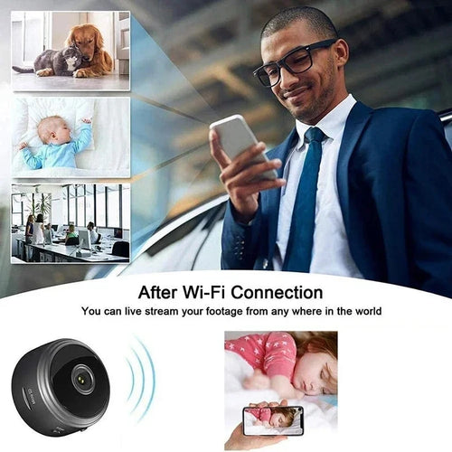 Black WiFi mini security camera shown with live-view on a smartphone screen
