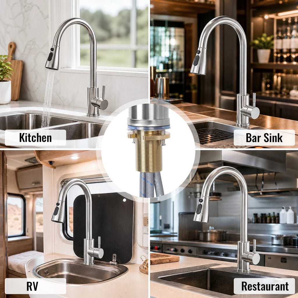 Stainless Steel Faucet Kitchen Faucet Sink Faucet with Pull Down Sprayer Hot and Cold Dual Control Bar Sink Faucet Rotation Faucet Showerhead and Bubble Water Flow