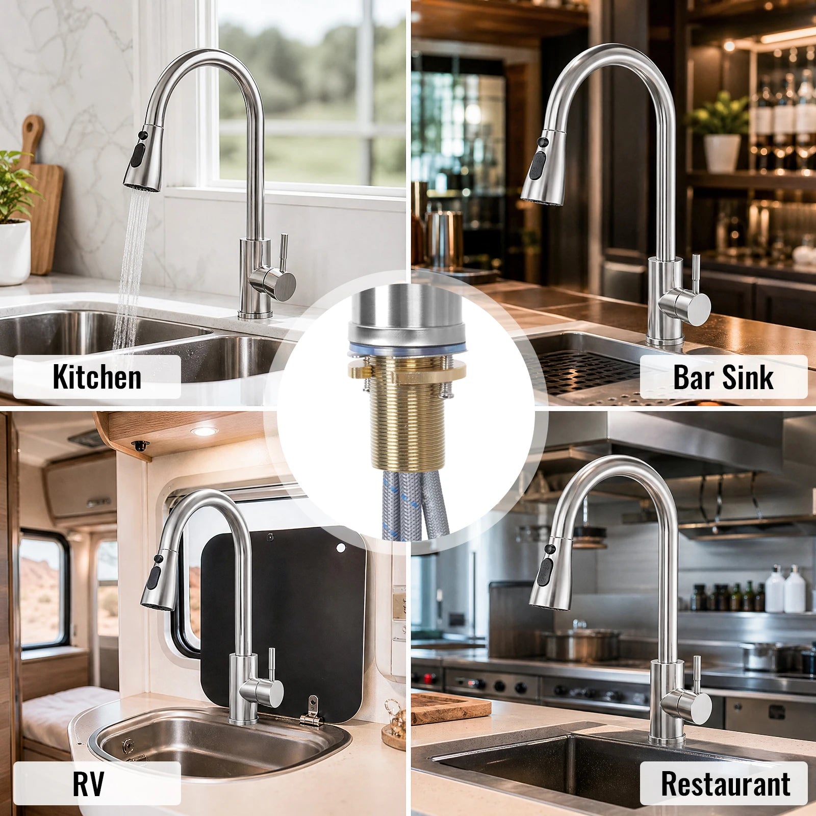 Stainless Steel Faucet Kitchen Faucet Sink Faucet with Pull Down Sprayer Hot and Cold Dual Control Bar Sink Faucet Rotation Faucet Showerhead and Bubble Water Flow