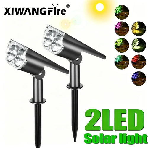 Black 2-LED solar spotlights with spike stakes, dual-head outdoor garden lighting
