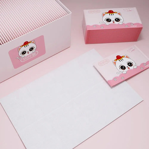 50-count baby care cleaning wipes featuring a cute cat design in individual pink packaging for gentle infant care.