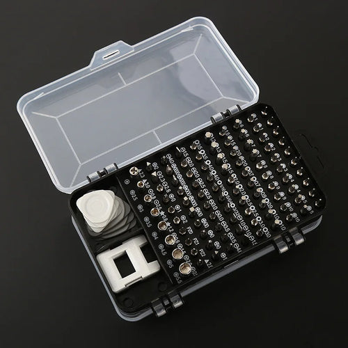 Mobile repair screwdriver tool kit with clear lid, black bit board, and accessories