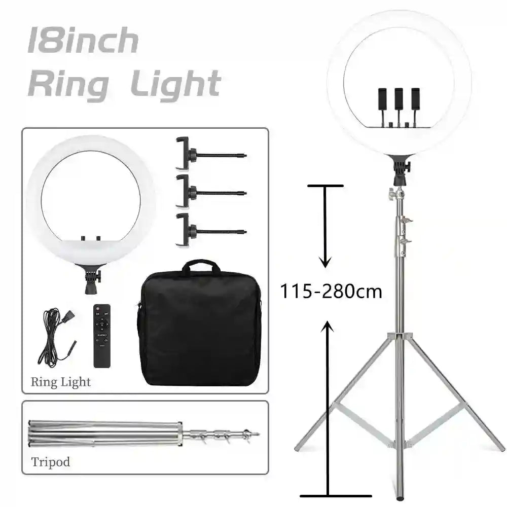 18-inch LED ring light with three phone holders, adjustable 115–280cm silver metal tripod, remote, and carrying bag.