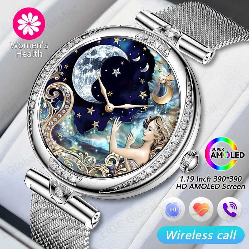 LIGE New Women Watch 1.19" 390*390 AMOLED Display Heart Rate Blood Oxygen Monitoring Bluetooth Call Fashion Diamond Smartwatch