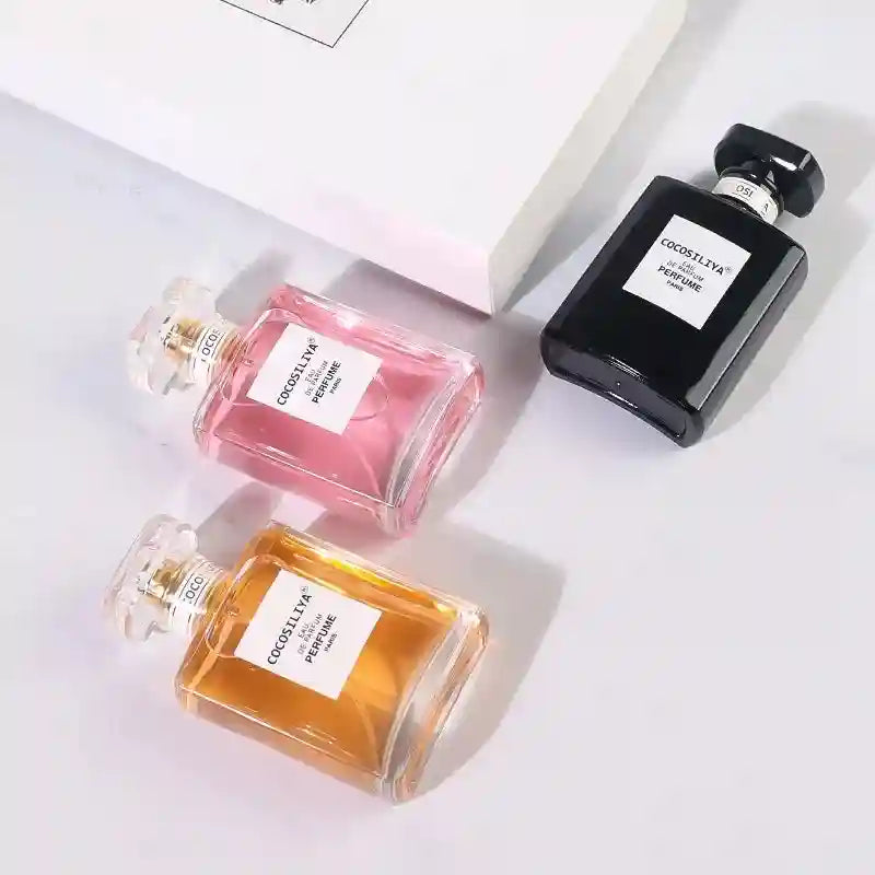 Cocosiliya 3-piece women’s EDP perfume set: floral, spicy, woody oriental scents in elegant rectangular glass bottles.