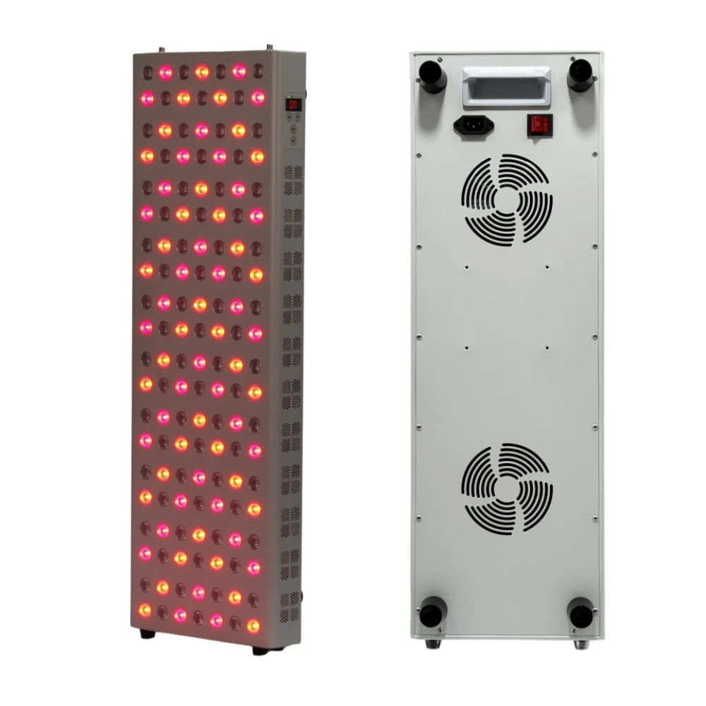 Red light therapy panel with 660nm, 850nm LEDs for anti-aging and pain relief. Features cooling fans and white casing.
