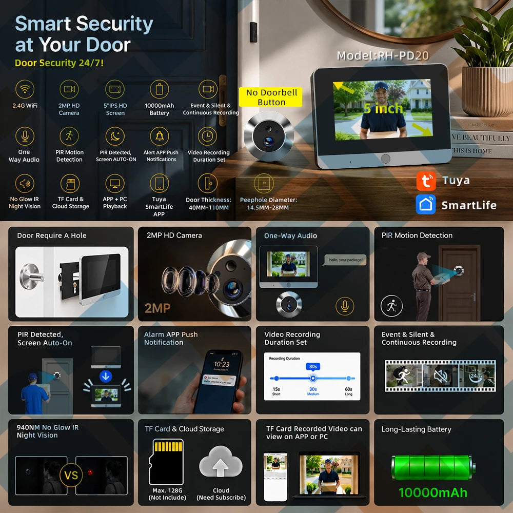 Tuya Smart 2MP 5Inch Screen Mini Digital Peephole Eye Viewer WiFi IR PIR Motion Door Camera 10000mAh battery work 3-4 Months