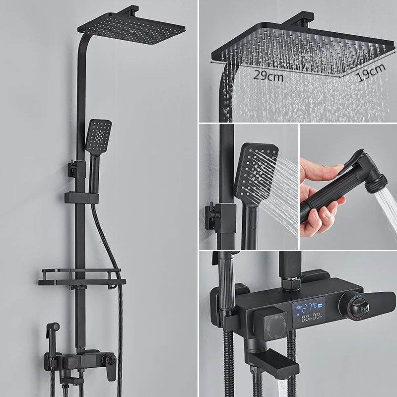 4 Ways Digital Display Shower Faucet Bathroom Thermostatic/Hot Cold Rainfall Shower Head Brass Rotate Mixers Bidet Faucet
