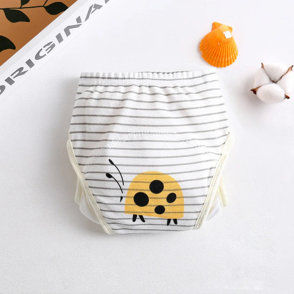 Baby care training diaper with grey stripes and cute yellow ladybug print for toddlers.