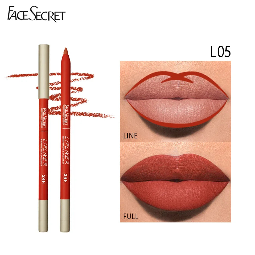 Face Secret waterproof matte lipliner pencil in L05 terra-cotta, showing lip outlining and full coverage application.