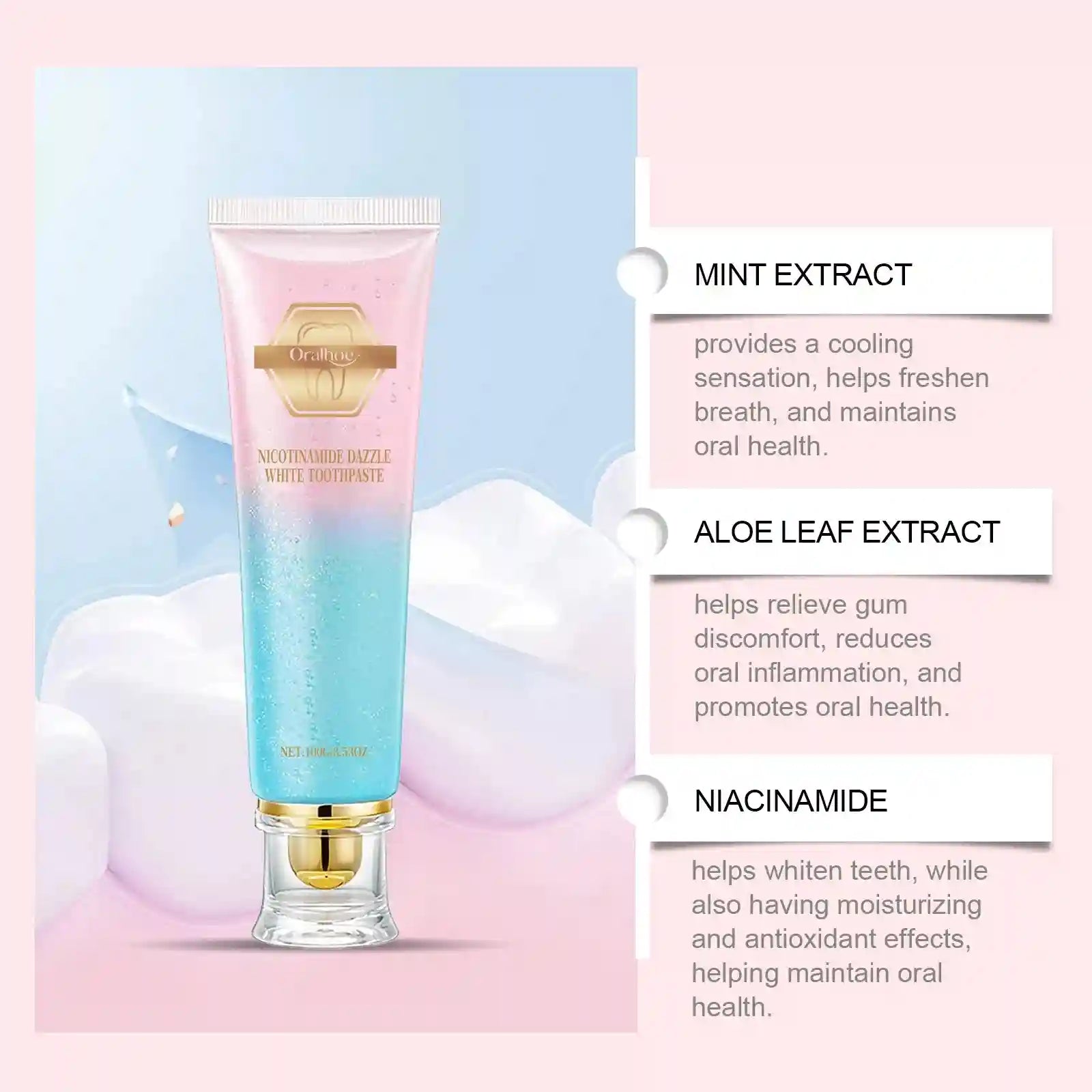 Tidesmit Niacinamide teeth whitening toothpaste for removing dental stains and freshening breath.