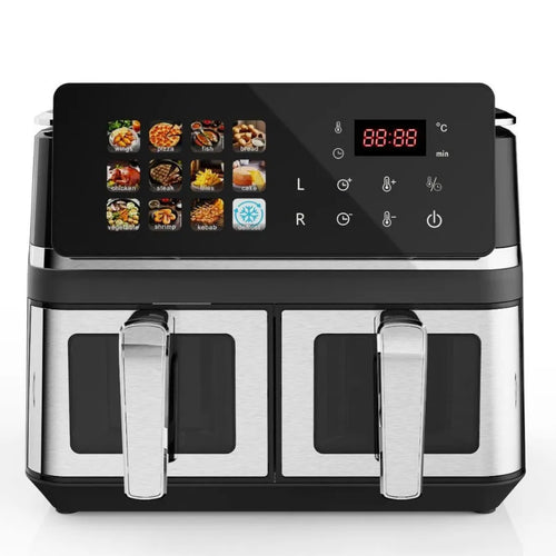 10L digital air fryer front view with touch-screen display and dual cooking drawers, stainless