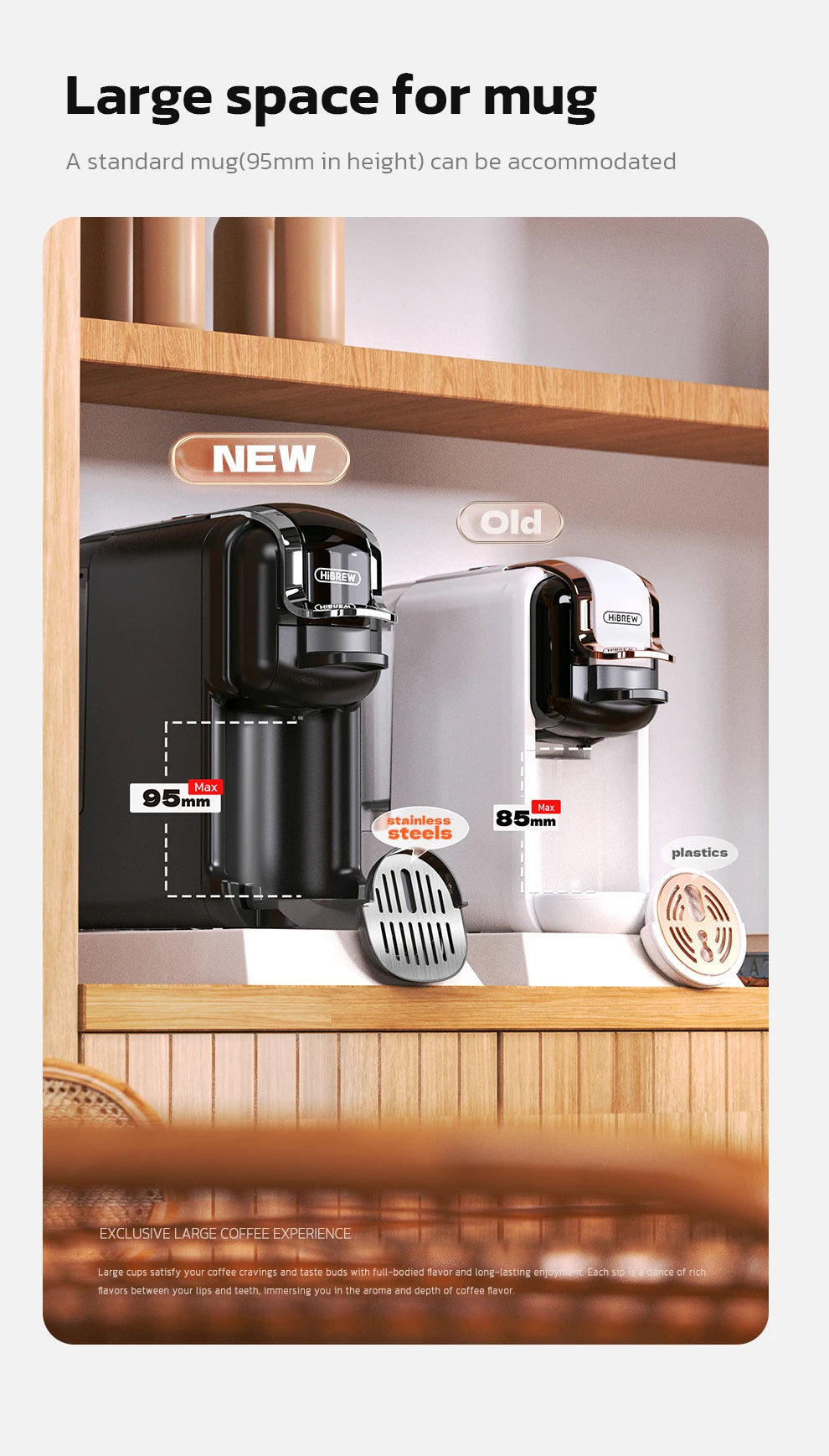 HiBREW coffee maker comparison: black vs white models with 95mm and 85mm mug clearance and stainless steel base.