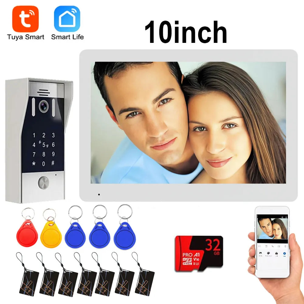 10-inch smart video intercom kit with door keypad, monitor, key fobs, and phone app