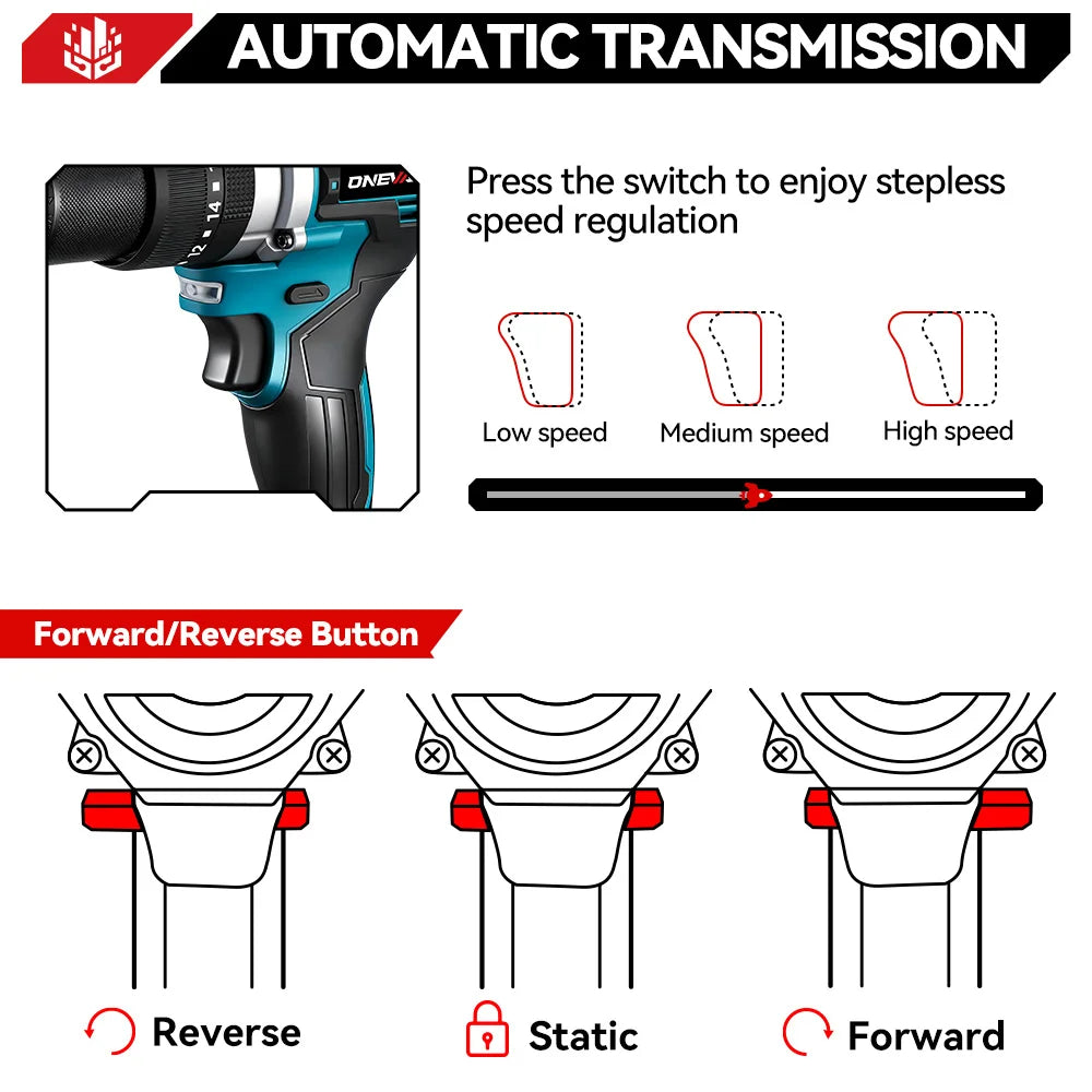 ONEVAN 13MM 650N.M Brushless Electric Impact Drill 20+3 Torque Electric Hammer Drill Power Tool For Makita 18V Battery Pin