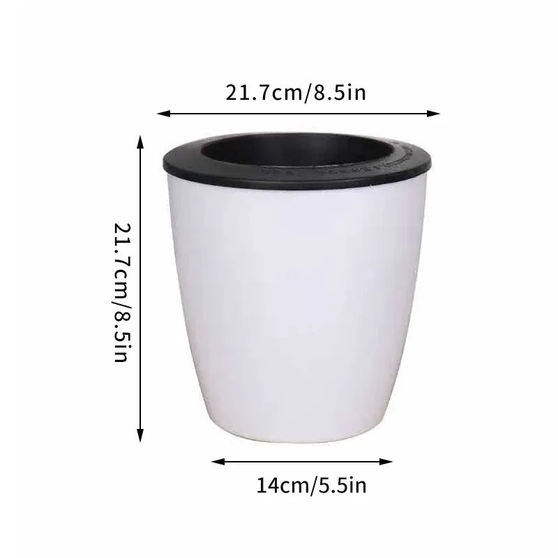 Self-watering plant pot, white with black rim and opening, 21.7cm tall, 14cm wide