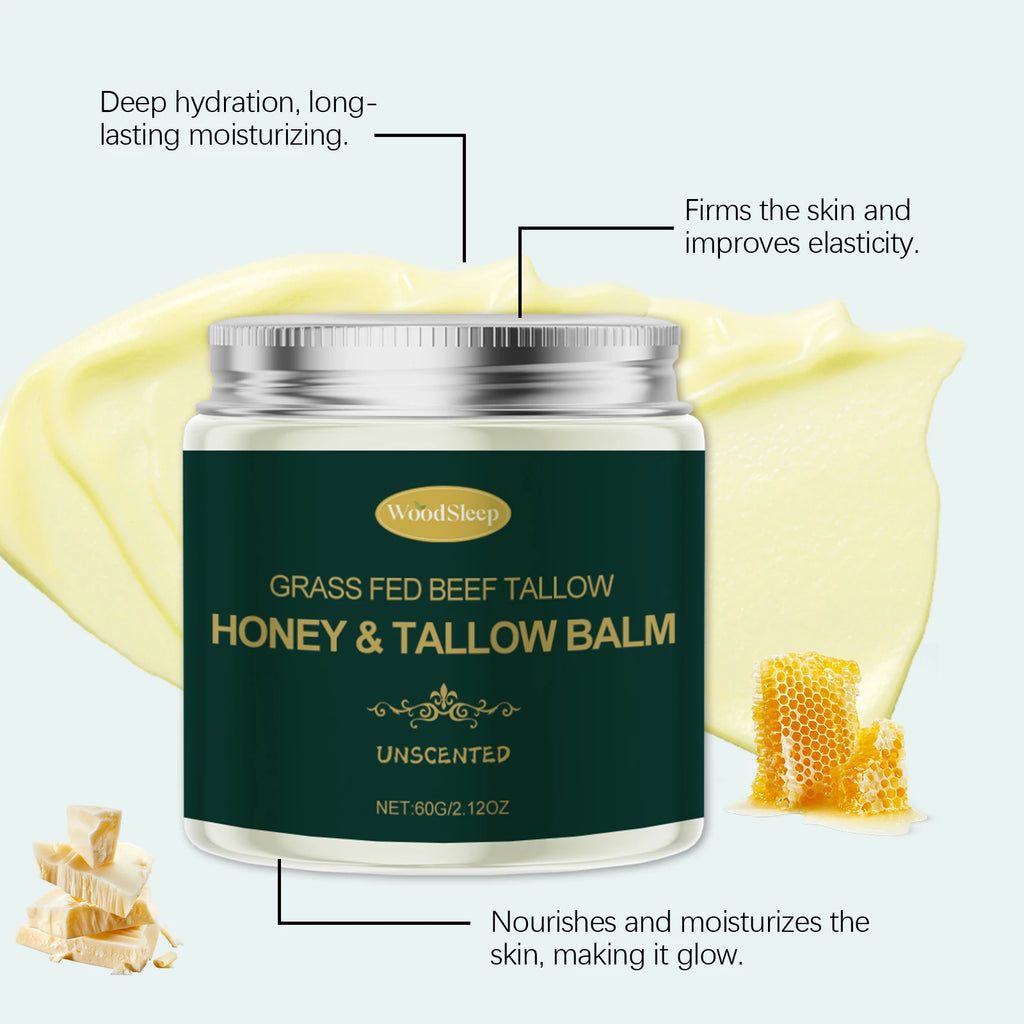 Woodsleep Organic Grass Fed Beef Tallow Balm Unscented Facial Rejuvenation Cream Deep Hydration Lifting Face Care Honey Extract