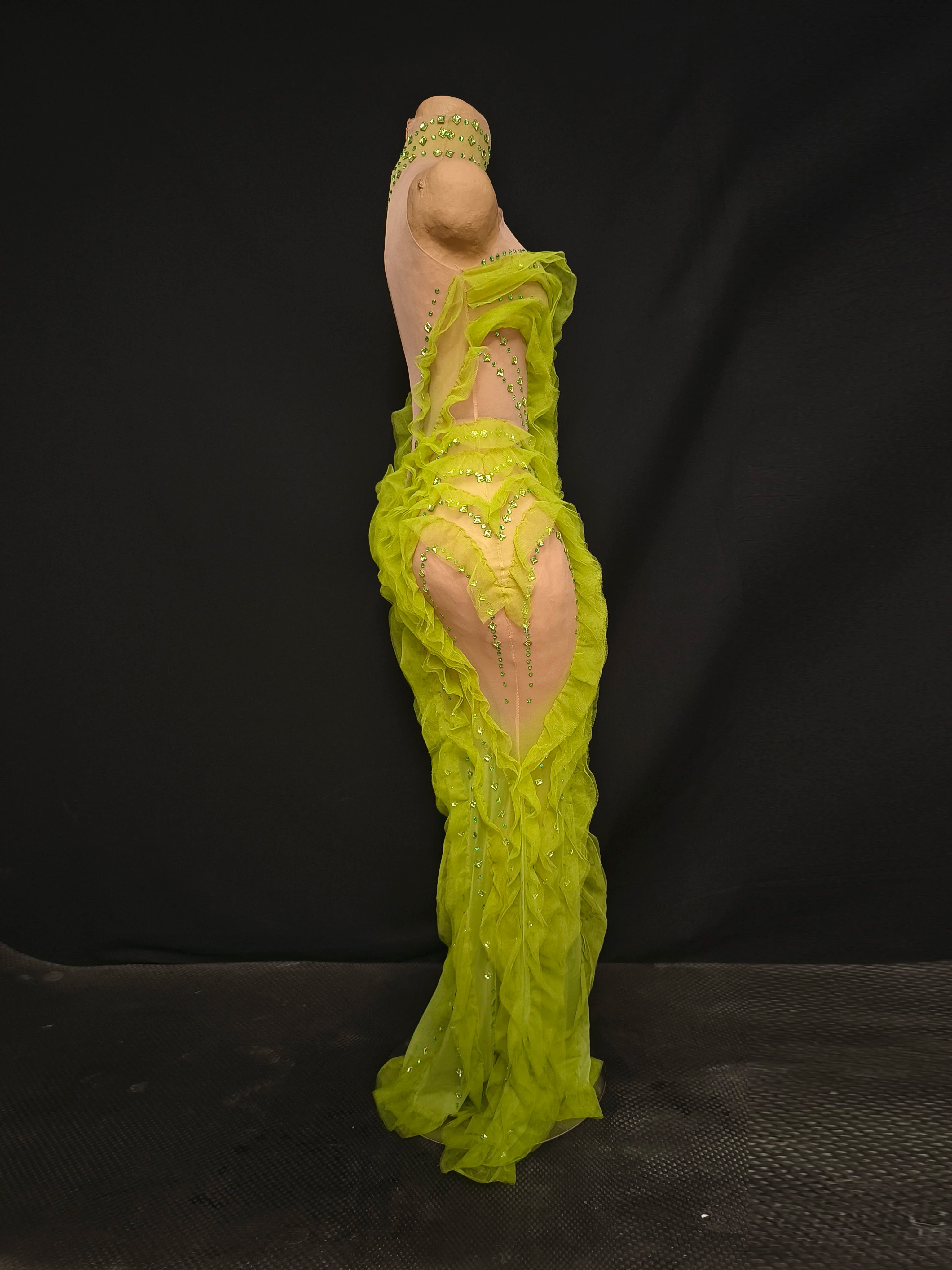 Elegant Sparkly Green Rhinestones Mesh Sheer Ruffle Maxi Dress Celebrate Eveing Birthday Party Nightclub Red Carpet Stage Wear