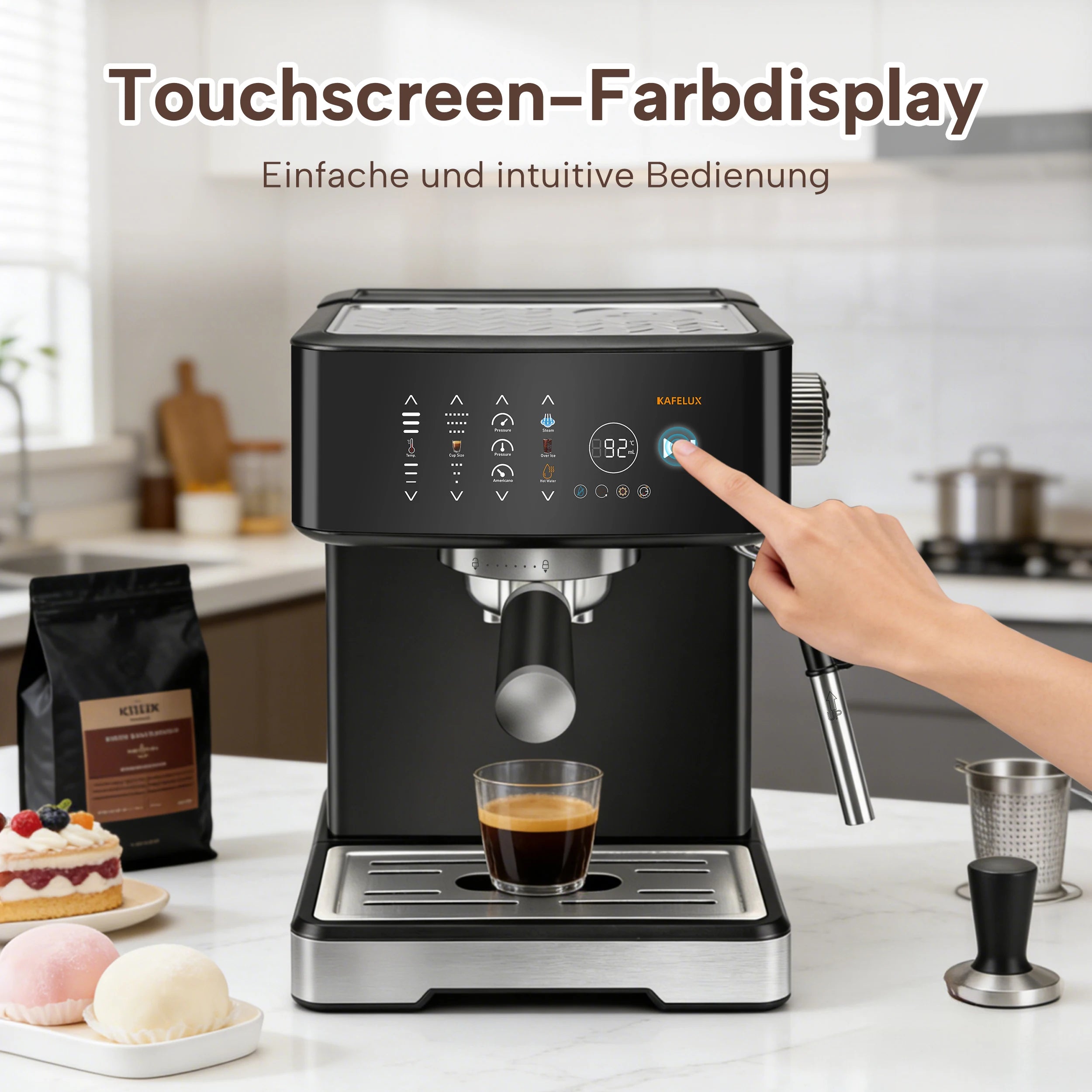 Kafelux black espresso machine with touchscreen display, stainless steel portafilter, and steam wand in a kitchen.