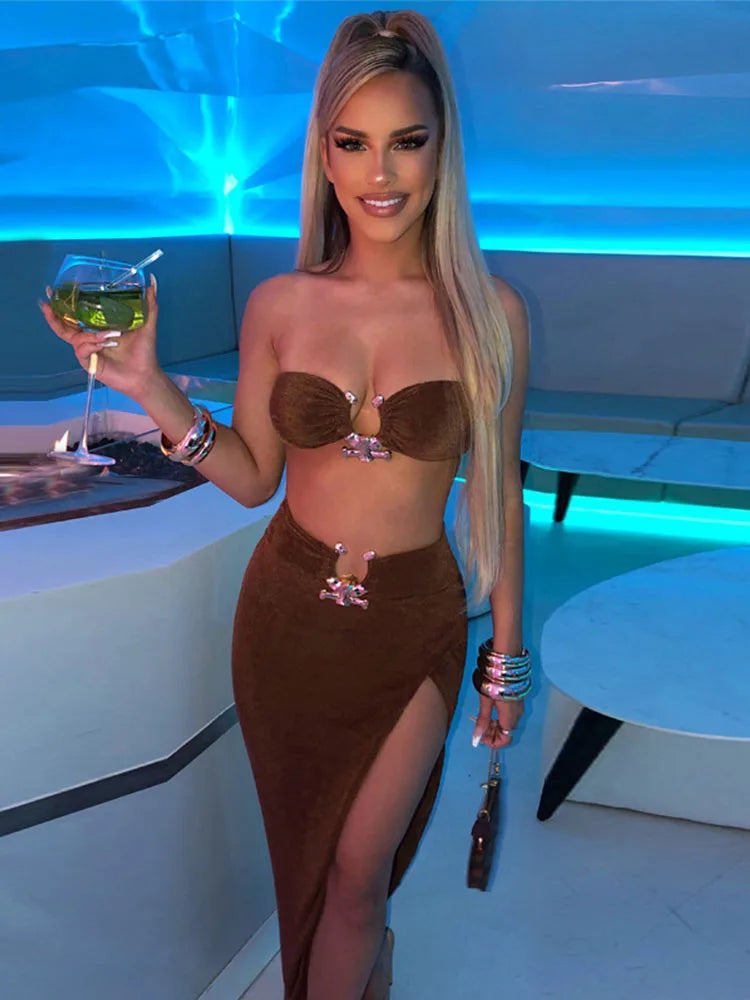 Velvet Sexy Strapless Crop Tube Top High Waist Slit Maxi Dress 2 Pcs Suits 2024 Fall Women Fashion Streetwear Vestido