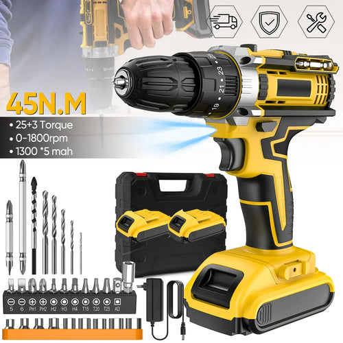 Cordless electric impact drill set in yellow and black with accessory bits and case