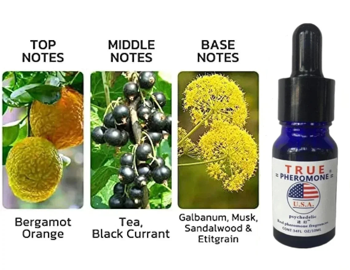 True Pheromone men’s fragrance oil in a blue dropper bottle. Bergamot, tea, currant, musk, and sandalwood scent.