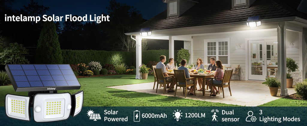 Intelamp Outdoor Solar Lights 4000mAh Battery With Two Motion Sensor 1200LM Bright IP65 Wall Lamp For Garden Yard Path Garage