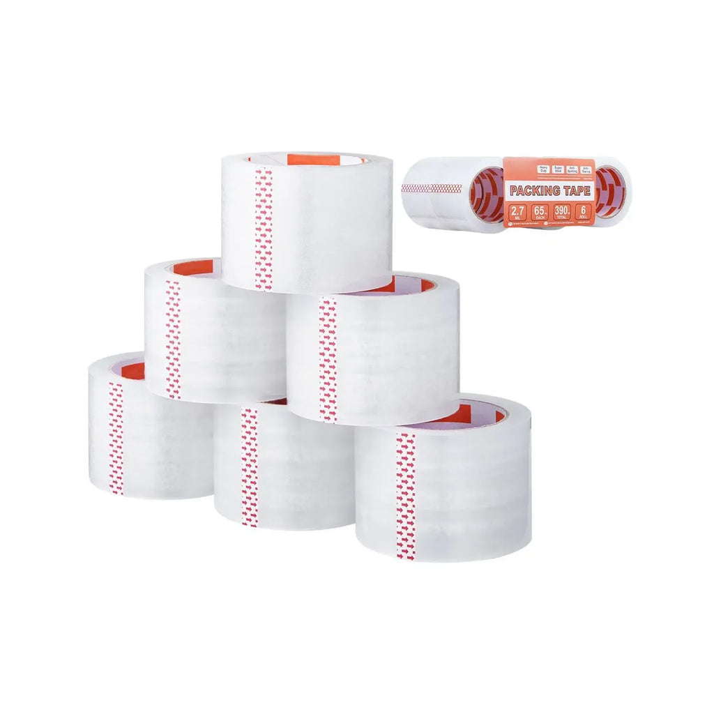 Clear packing tape rolls, 3-inch width on cardboard cores, stacked for shipping