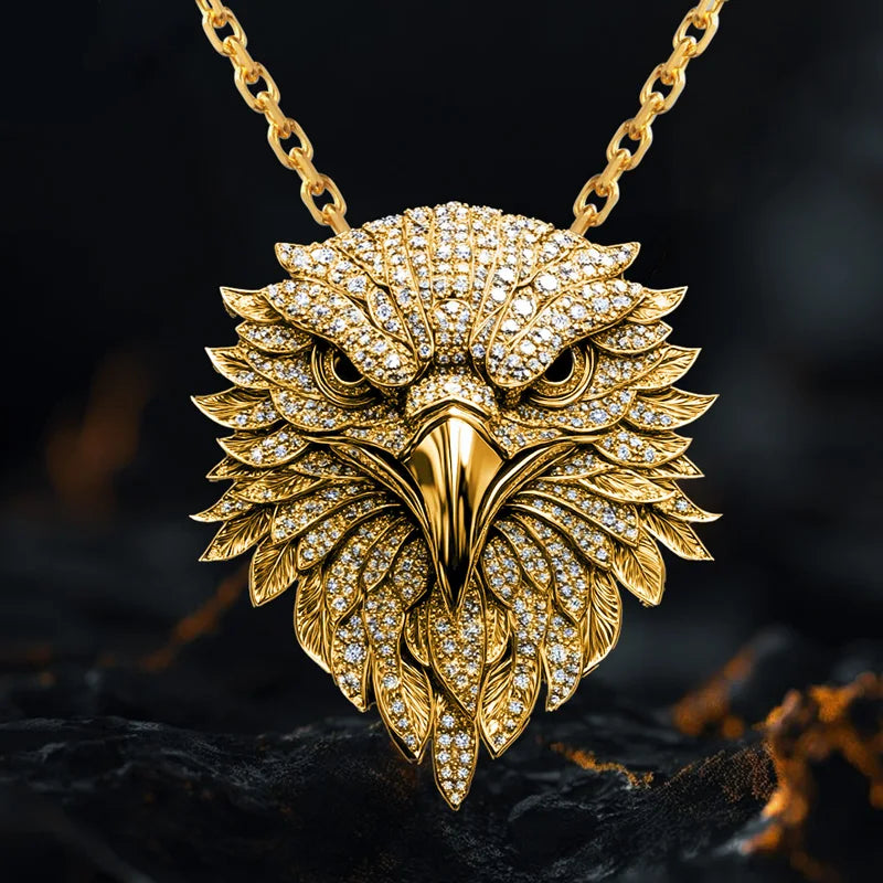 Eagle Head Pendant Necklace 24K Gold Plated Diamond Round Brilliant Cut Unisex Luxury Link Chain