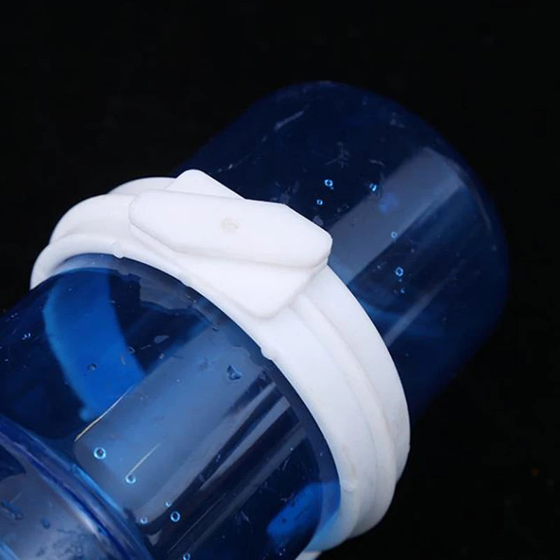 Blue plastic automatic bird water dispenser and feeder for parrot cages with secure white clip mounting.