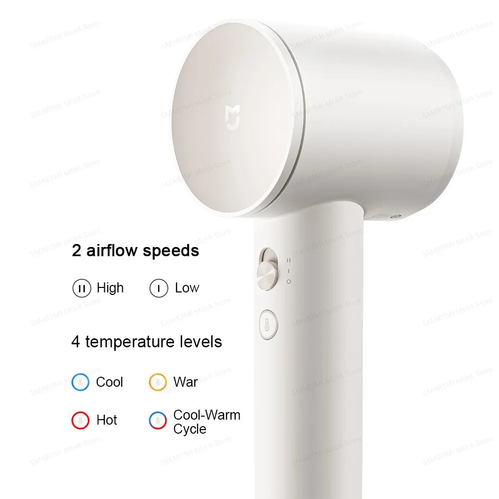 White MIJIA high-speed hair dryer with 2 airflow speeds and 4 temperature settings for professional hair care.