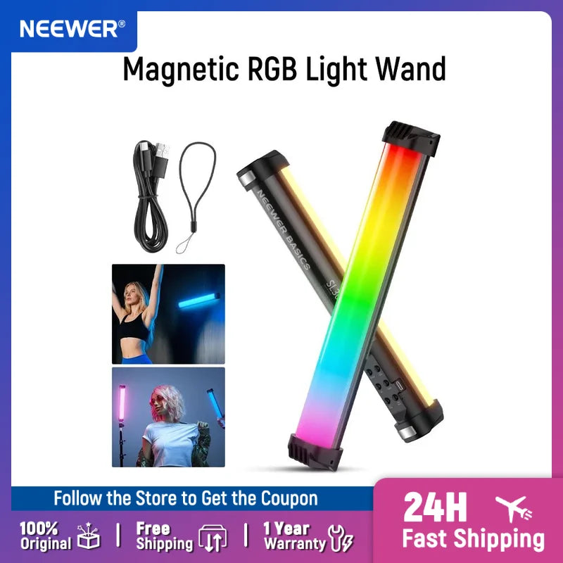 Magnetic RGB LED light wand with a slim, black cylindrical body for colorful, portable photography and video lighting.