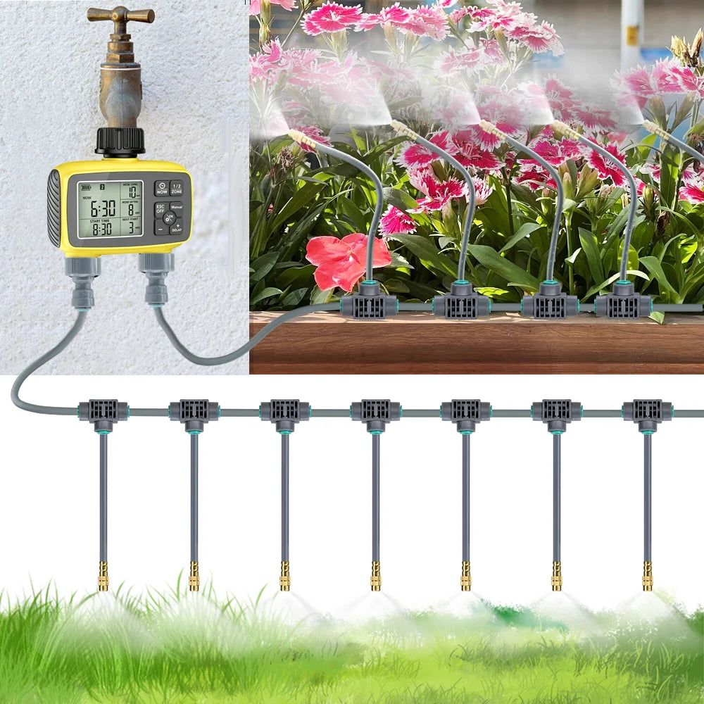 Gardening Intelligent LCD Dual Zone Independent Water Timer Atomization Cooling System Kit Courtyard Automatic Watering Program
