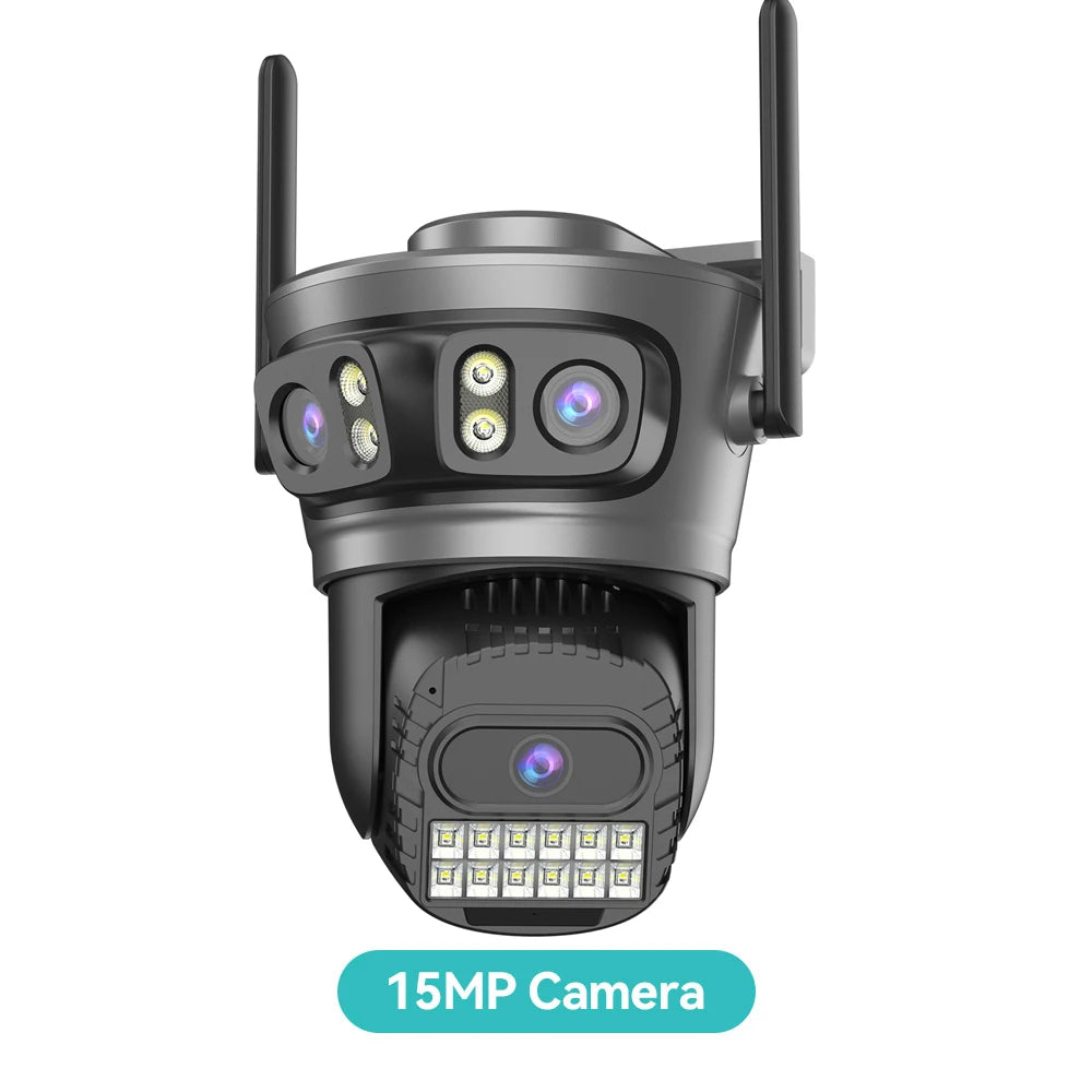 Dark gray outdoor PTZ camera with two antennas and three lenses, 15MP rating
